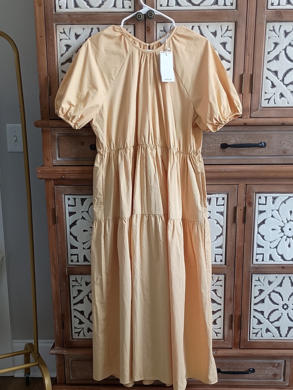 Mango Light Yellow Tiered Puff Sleeve Maxi Dress NWT